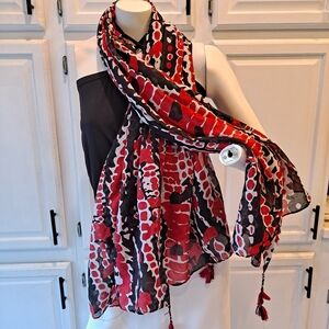 Elegant Alma Mater Collection Red White and Black Abstract Scarf With Pom Fringe